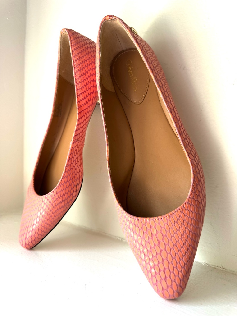 Calvin Klein Pink Textured Pointed-Toe Flats with Gold Metallic Heel